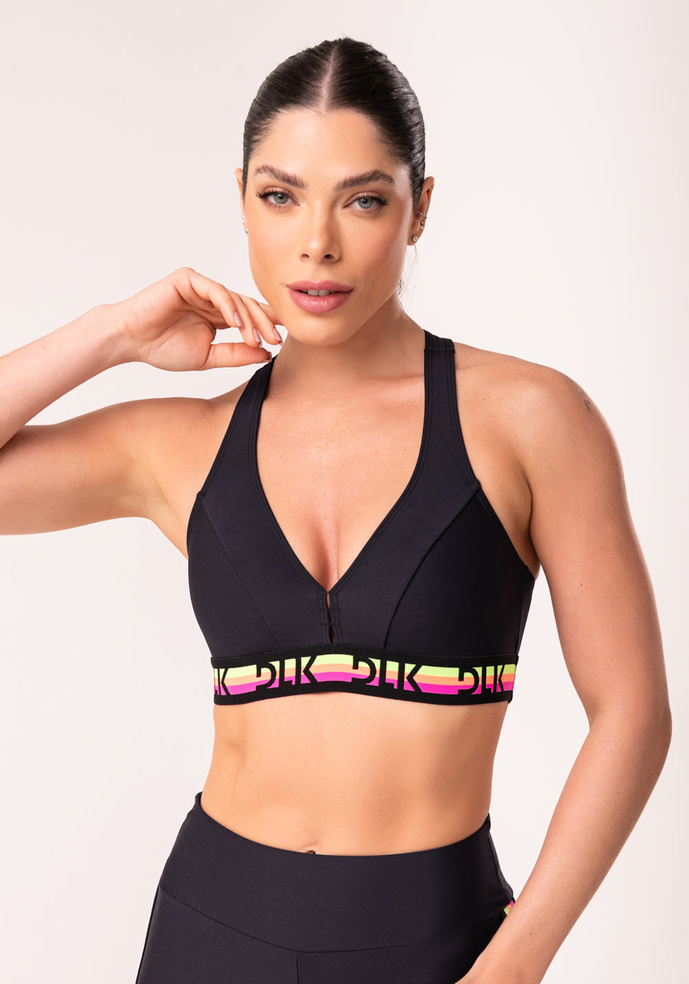 Top Fitness Feminino Preto Nadador Com Elástico Colorido Action