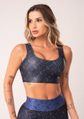 Top Fitness Feminino Preto E Azul Logomania Flow Dlk