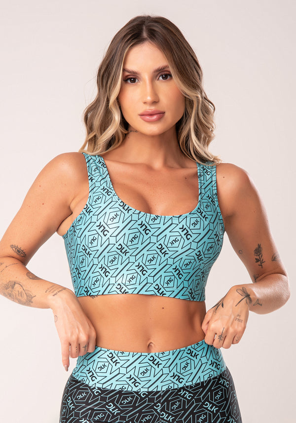 Top Fitness Feminino Verde E Preto Logomania Flow Dlk