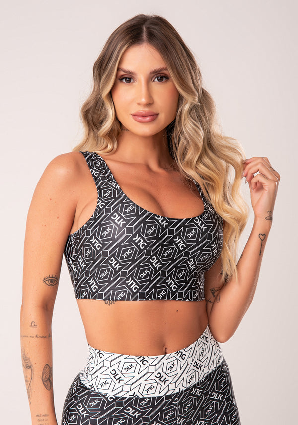 Top Fitness Feminino Preto E Branco Logomania Flow Dlk