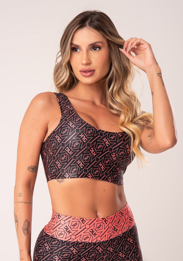 Top Fitness Feminino Preto E Coral Logomania Flow Dlk