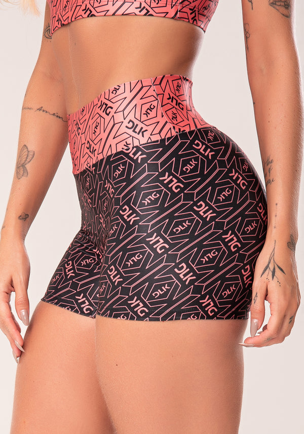 Short Fitness Feminino Coral E Preto Logomania Flow Dlk