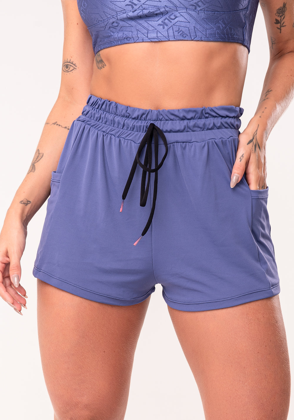 Short Duplo Feminino Azul Soltinho Com Bolso E Cadarço Flow Dlk