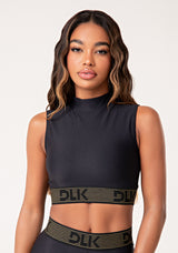Top Fitness Feminino Preto Gola Alta Com Elástico Lurex Lush Dlk