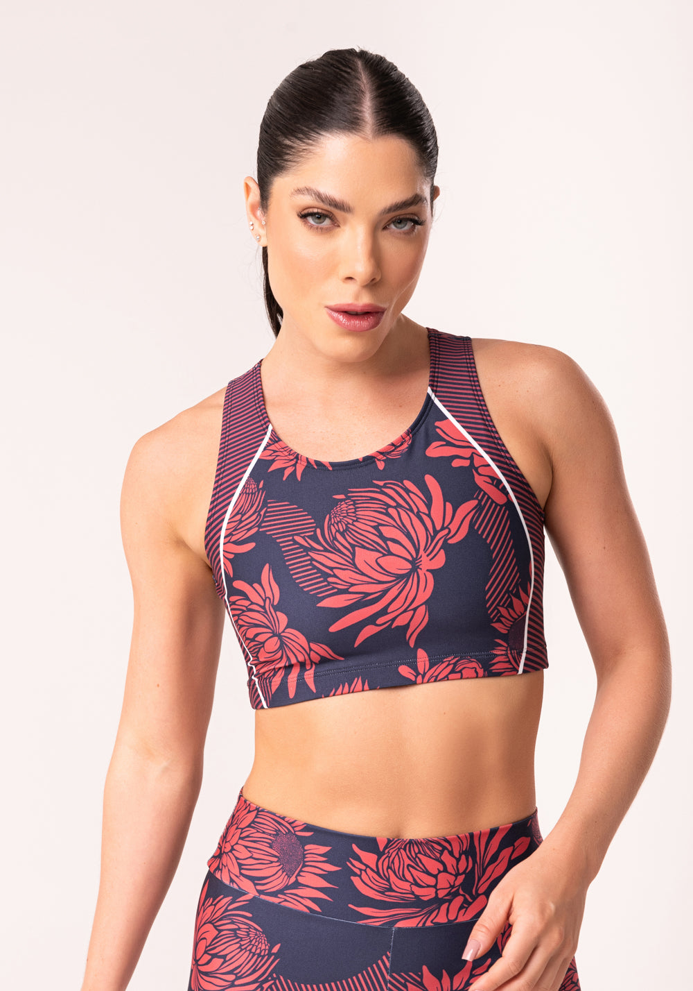 Top Fitness Feminino Nadador Floral Monocromático Printed Dlk