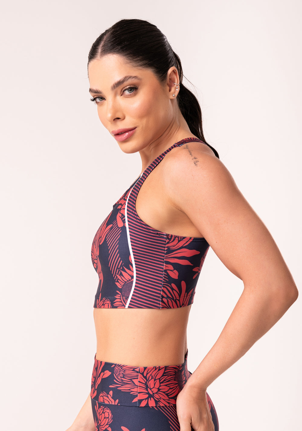 Top Fitness Feminino Nadador Floral Monocromático Printed Dlk