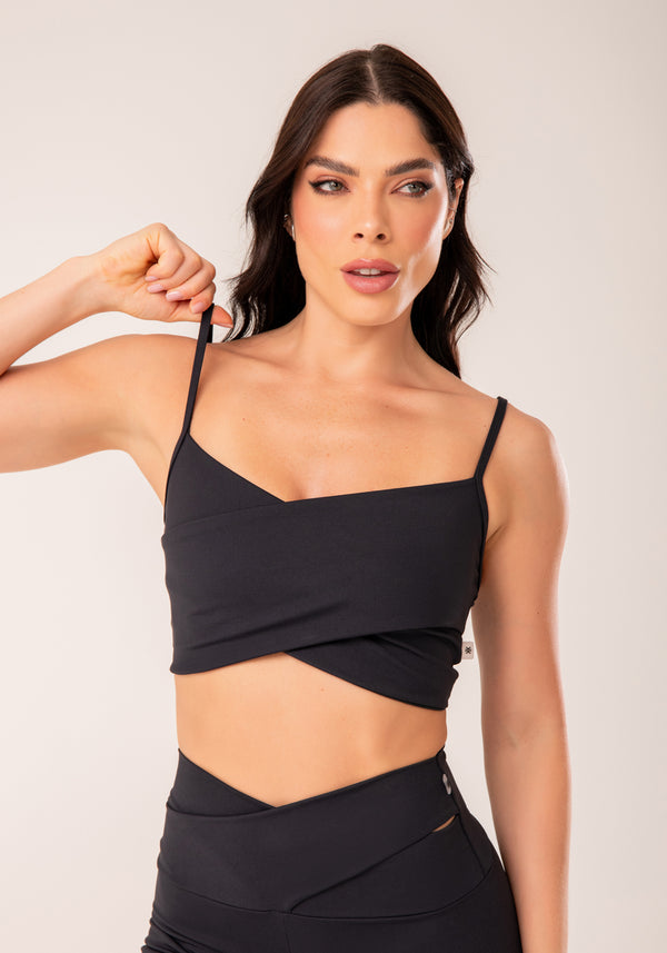 Top Fitness Feminino Preto Transpassado Harmony Dlk