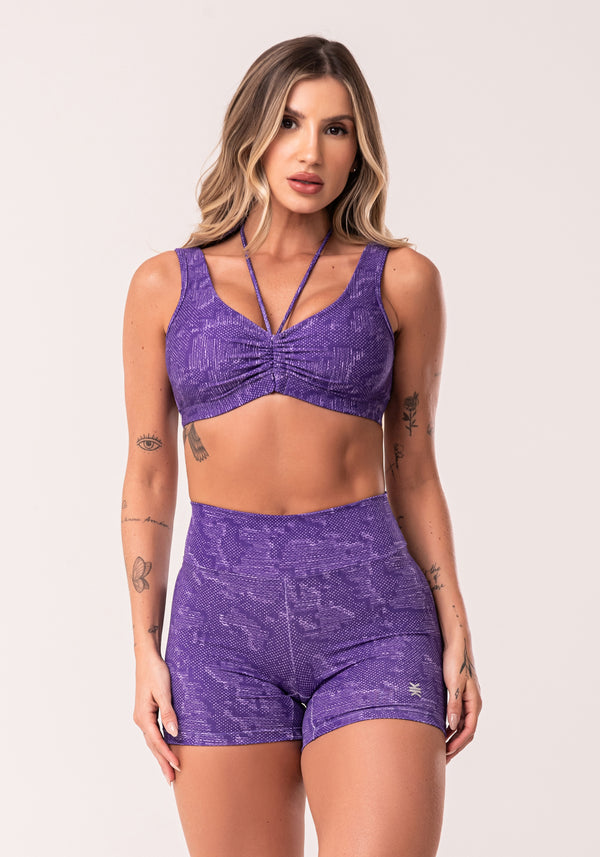 Conjunto Fitness Feminino Lilás Top Franzido E Short Estampa Camouflage Euphoria Dlk