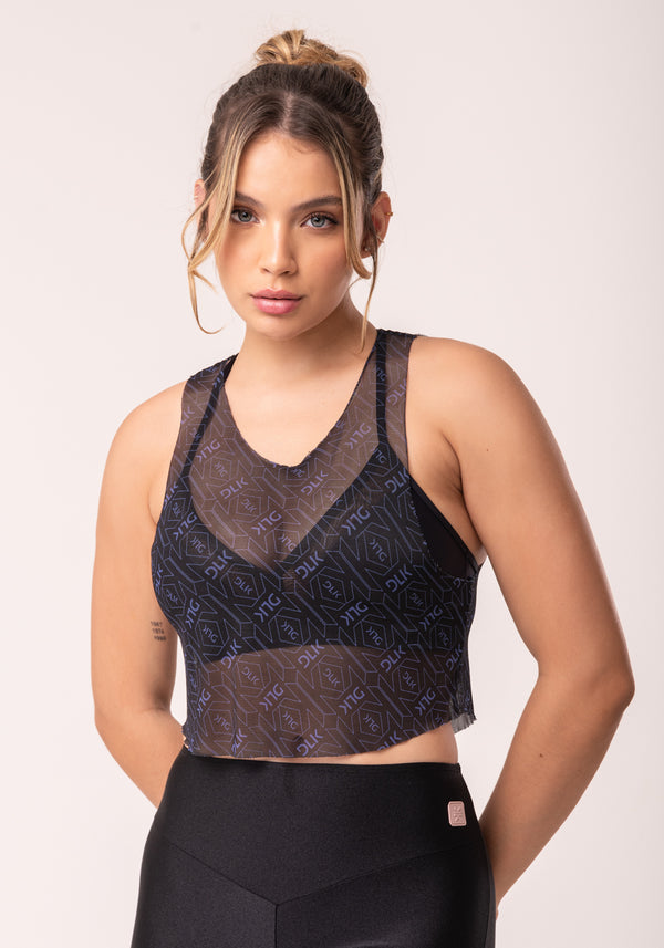 Cropped De Tule Feminino Preto E Azul Logomania Flow Dlk