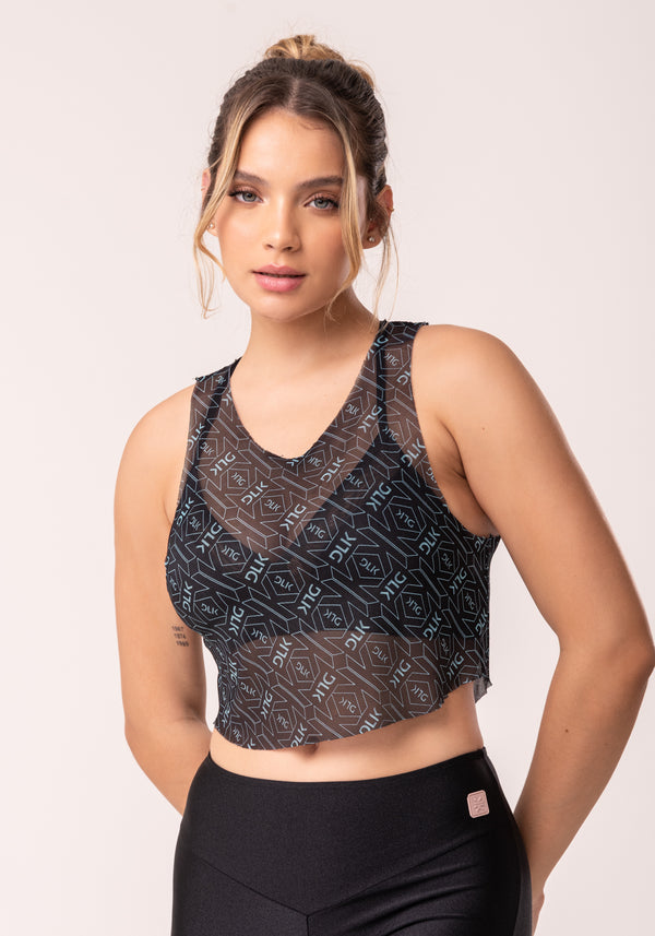 Cropped De Tule Feminino Preto E Verde Logomania Flow Dlk