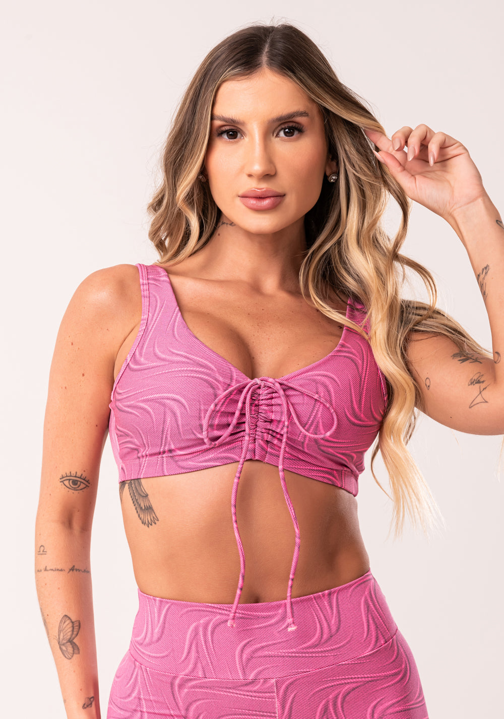 Conjunto Fitness Feminino Rosa Top Franzido E Short Estampa Sinuous Wave Euphoria Dlk
