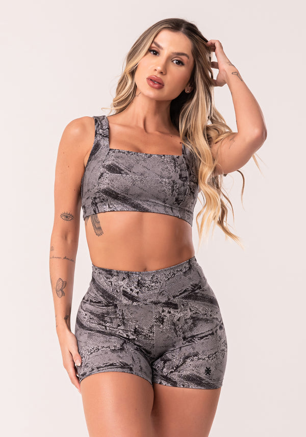 Conjunto Fitness Feminino Cinza Top E Short Estampa Burned Gray Euphoria Dlk