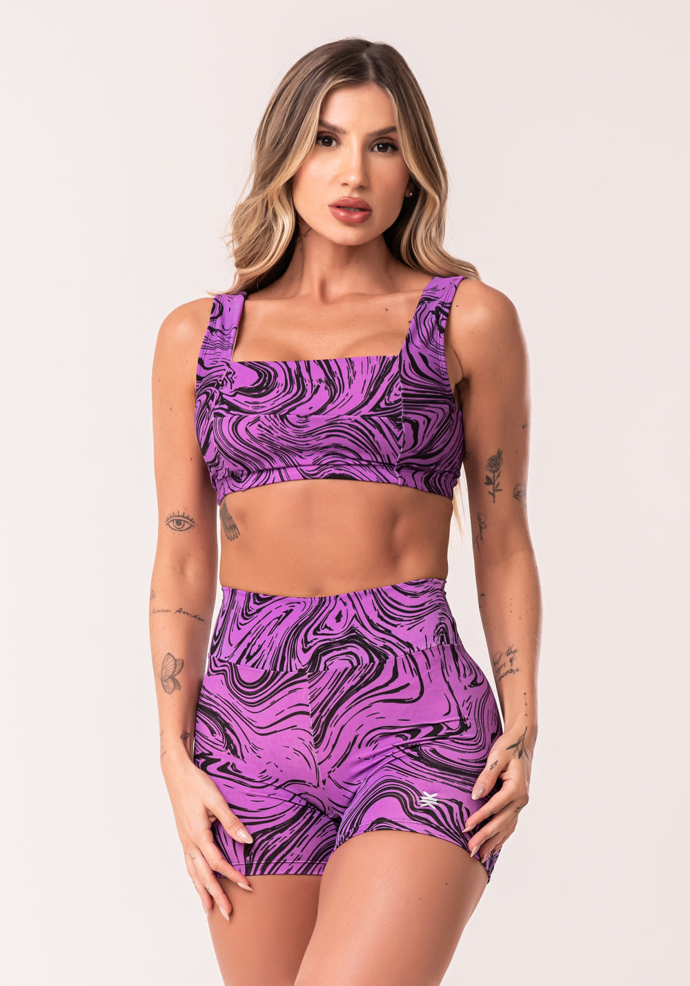 Conjunto Fitness Feminino Rosa Top E Short Estampa Abstract Duo Euphoria Dlk