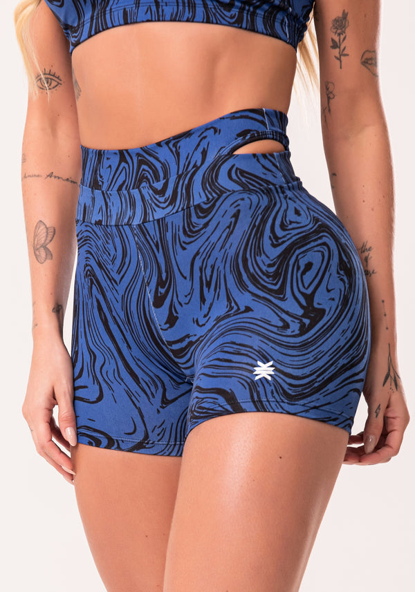 Short Fitness Feminino Azul Com Detalhe Vazado Estampado Abstract Duo Euphoria Dlk