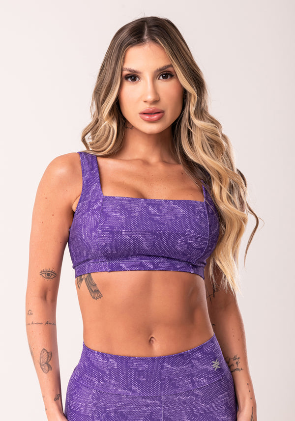 Top Fitness Feminino Lilás Decote Reto Estampado Camouflage Euphoria Dlk