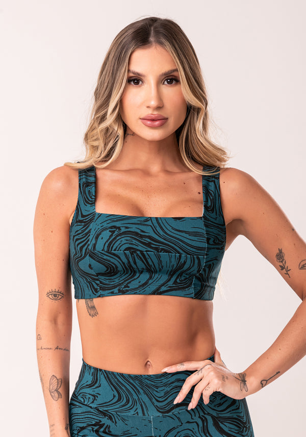 Top Fitness Feminino Petróleo Decote Reto Estampado Abstract Duo Euphoria Dlk