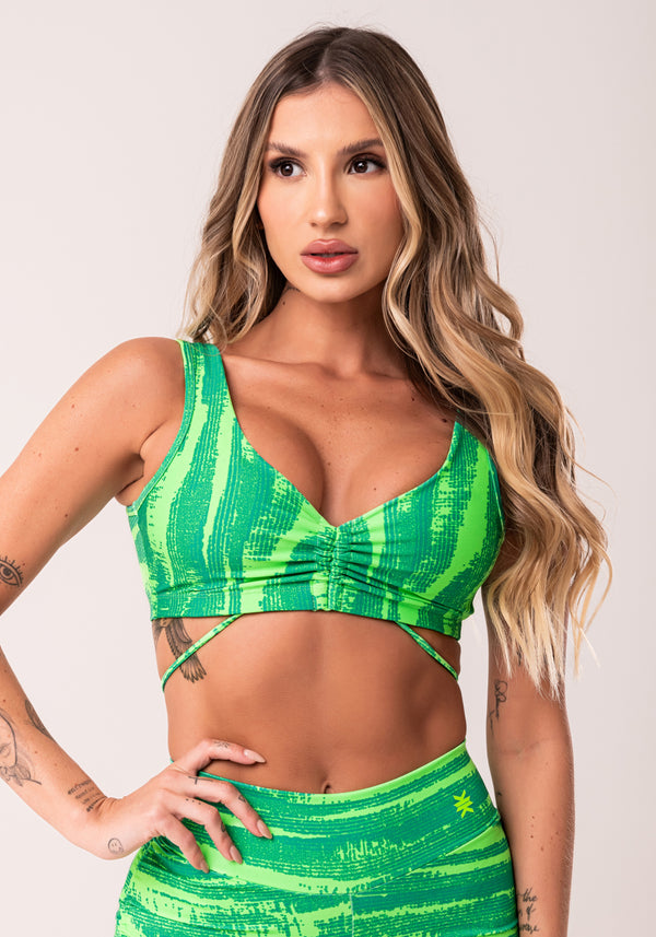 Top Fitness Feminino Verde Com Franzido Estampado Disruption Euphoria Dlk