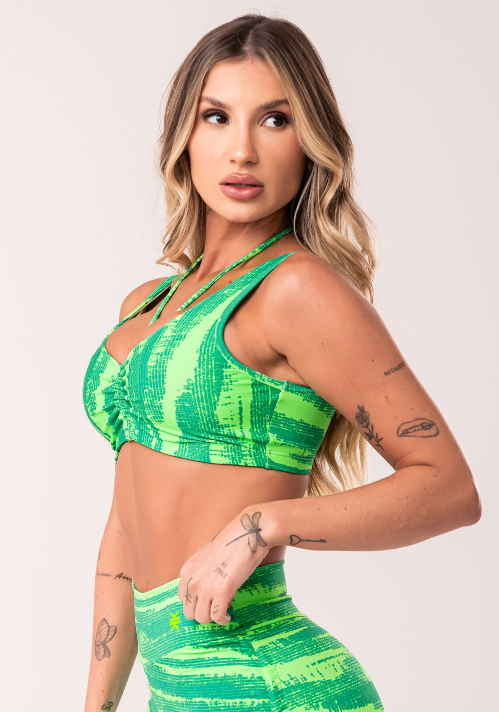 Top Fitness Feminino Verde Com Franzido Estampado Disruption Euphoria Dlk
