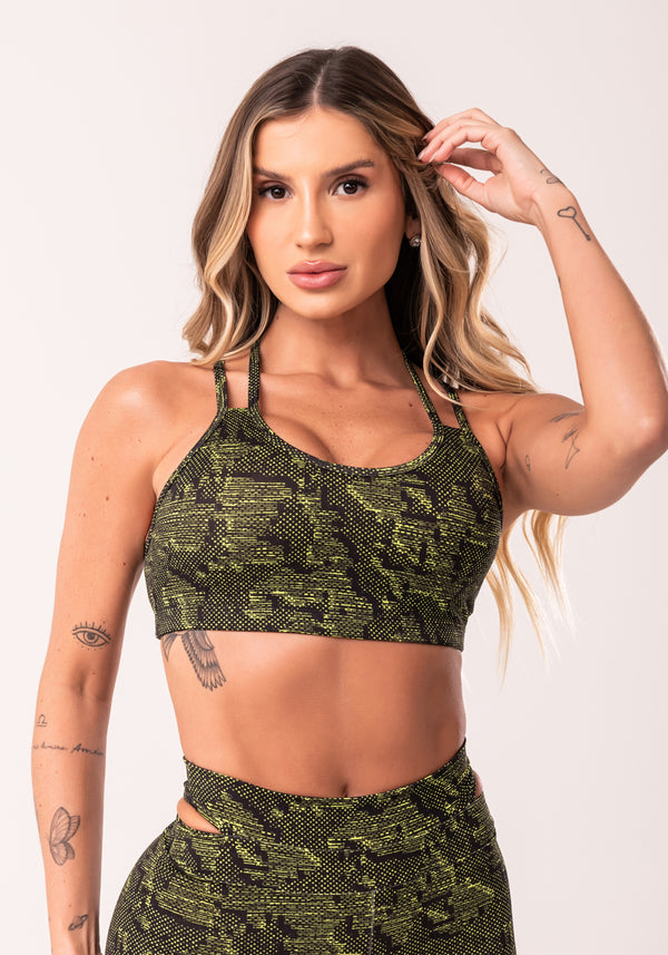 Top Fitness Feminino Neon Com Alça Dupla Estampado Camouflage Euphoria Dlk