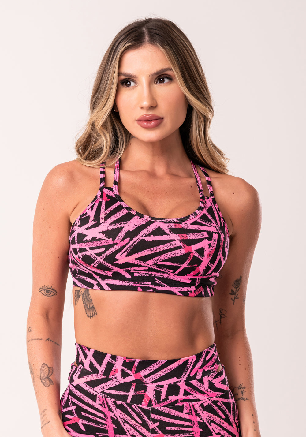 Top Fitness Feminino Rosa Com Alça Dupla Estampado Sticks Euphoria Dlk