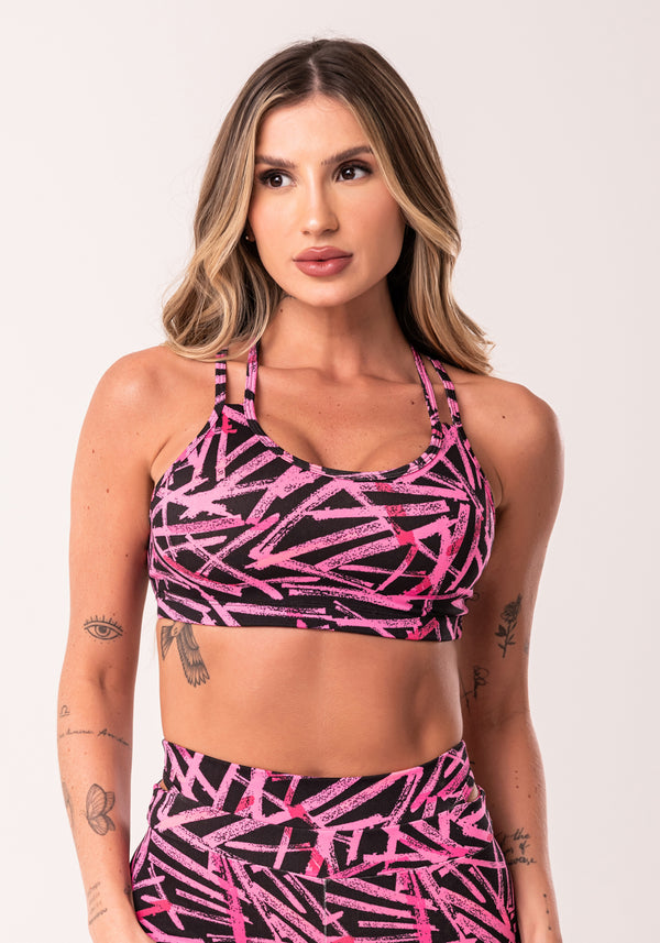 Top Fitness Feminino Rosa Com Alça Dupla Estampado Sticks Euphoria Dlk