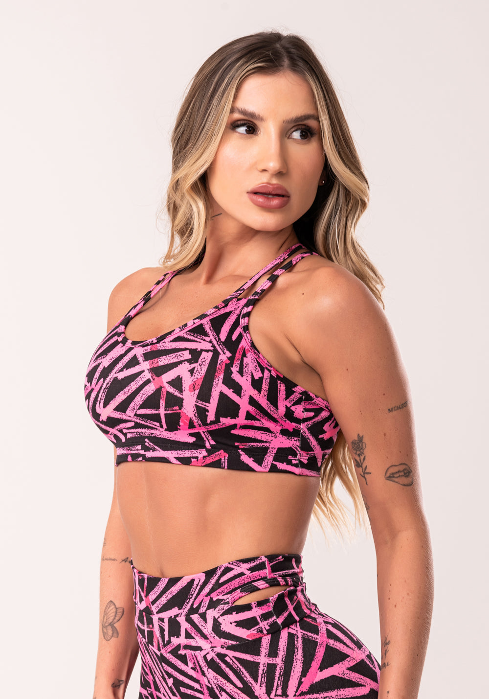 Top Fitness Feminino Rosa Com Alça Dupla Estampado Sticks Euphoria Dlk
