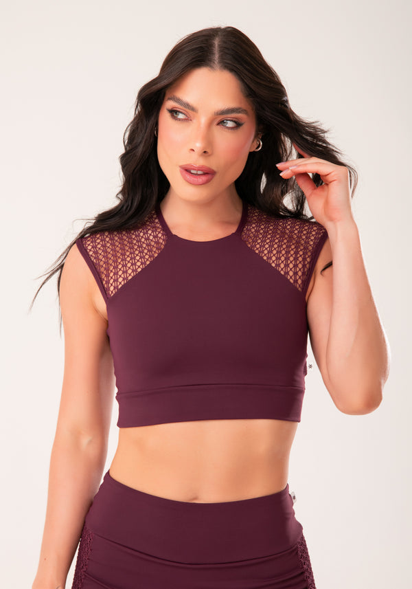 Cropped Feminino Vinho Manga Curta De Tela Harmony Dlk