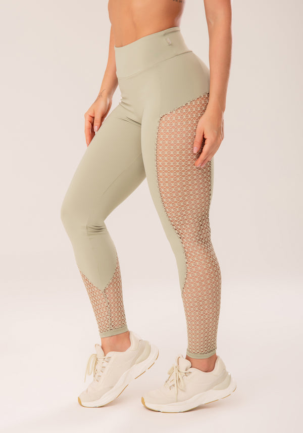 Legging Fitness Feminina Oliva Com Recortes Em Tela Harmony Dlk