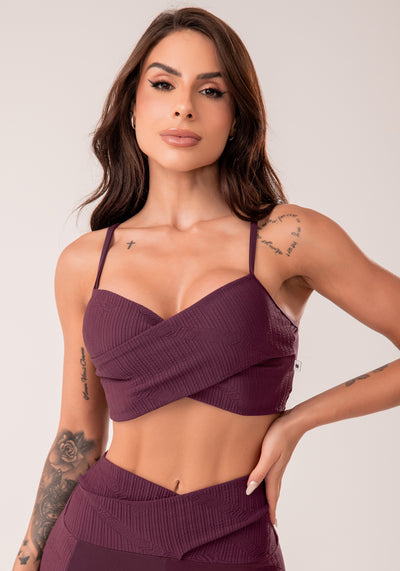 Top Fitness Feminino Vinho Texturizado Transpassado Harmony Dlk