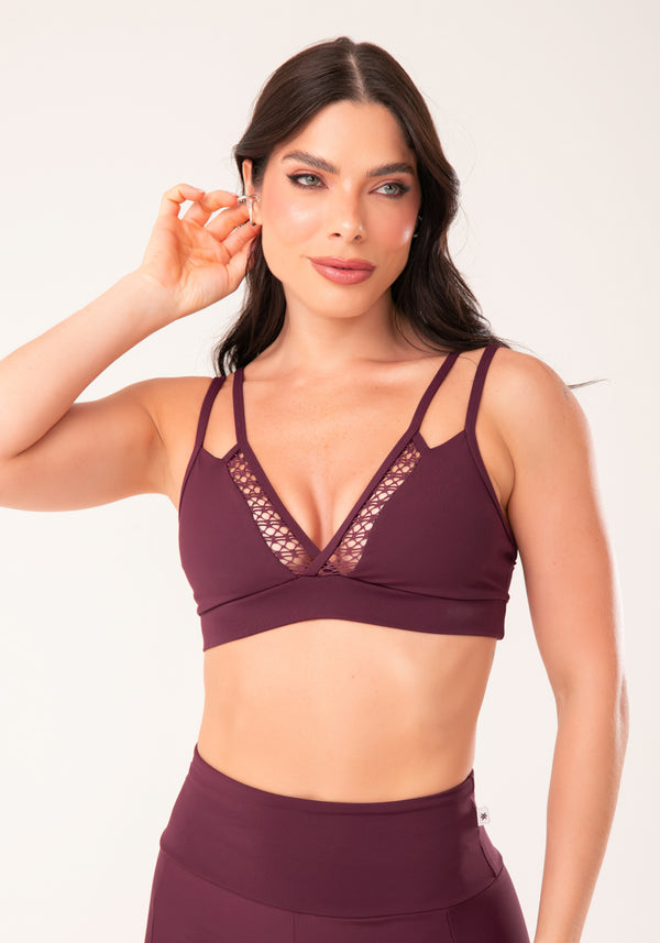 Top Fitness Feminino Vinho Alça Dupla e Tela Harmony Dlk
