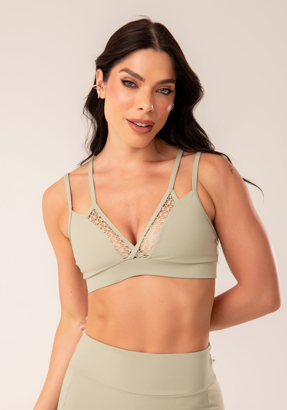 Top Fitness Feminino Oliva Alça Dupla e Tela Harmony Dlk
