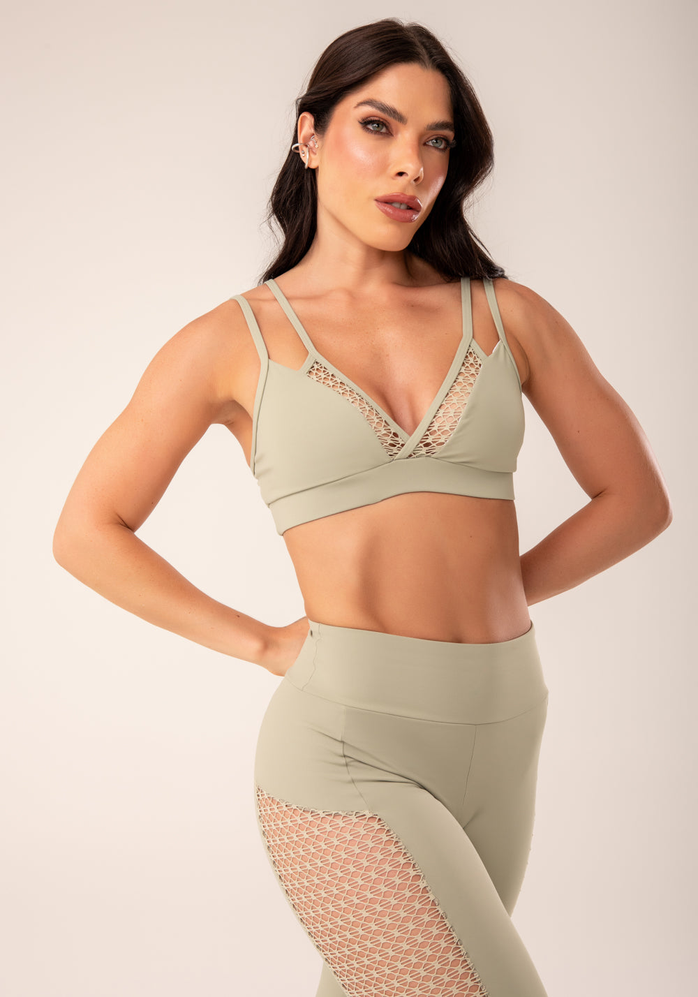 Top Fitness Feminino Oliva Alça Dupla e Tela Harmony Dlk