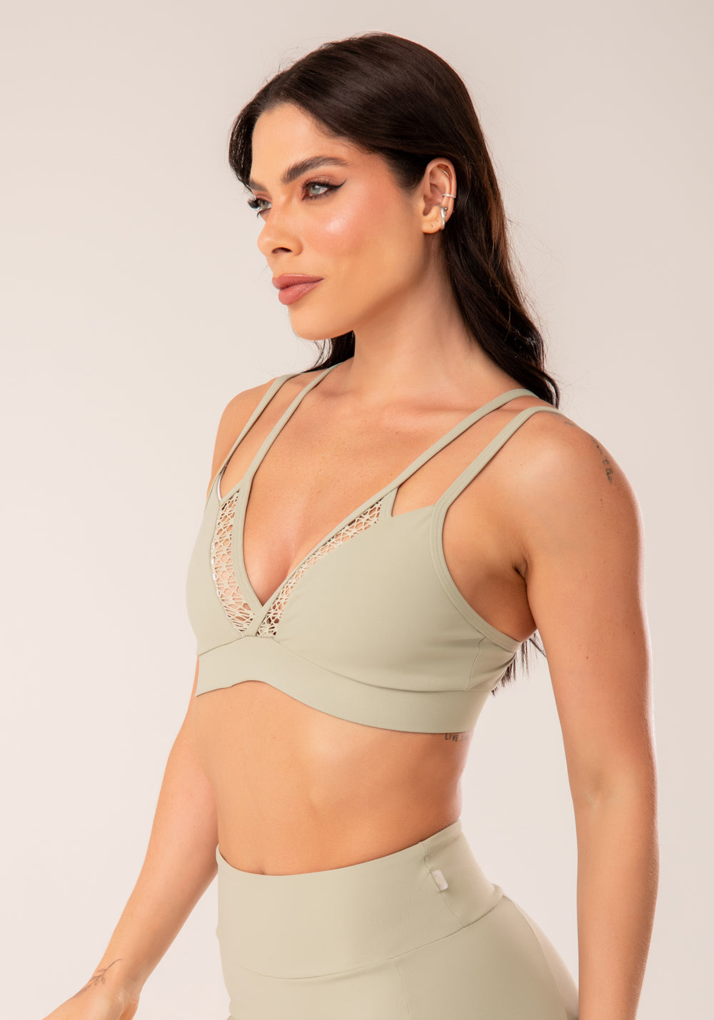 Top Fitness Feminino Oliva Alça Dupla e Tela Harmony Dlk