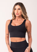 Top Cropped Fitness Feminino Preto Com Recortes Oasis Dlk