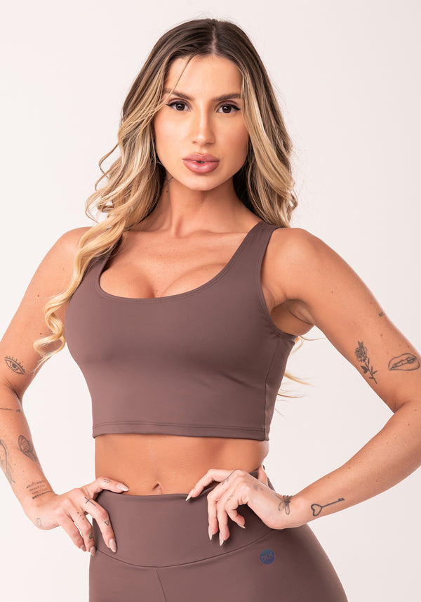 Top Cropped Fitness Feminino Marrom Com Recortes Oasis Dlk