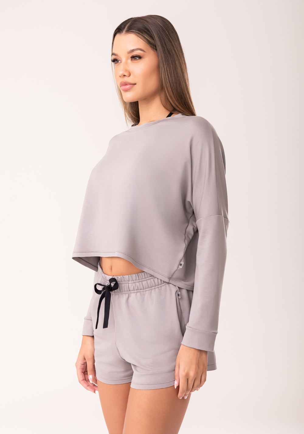 Cropped Feminino Moletinho Cinza Manga Longa Oasis Dlk