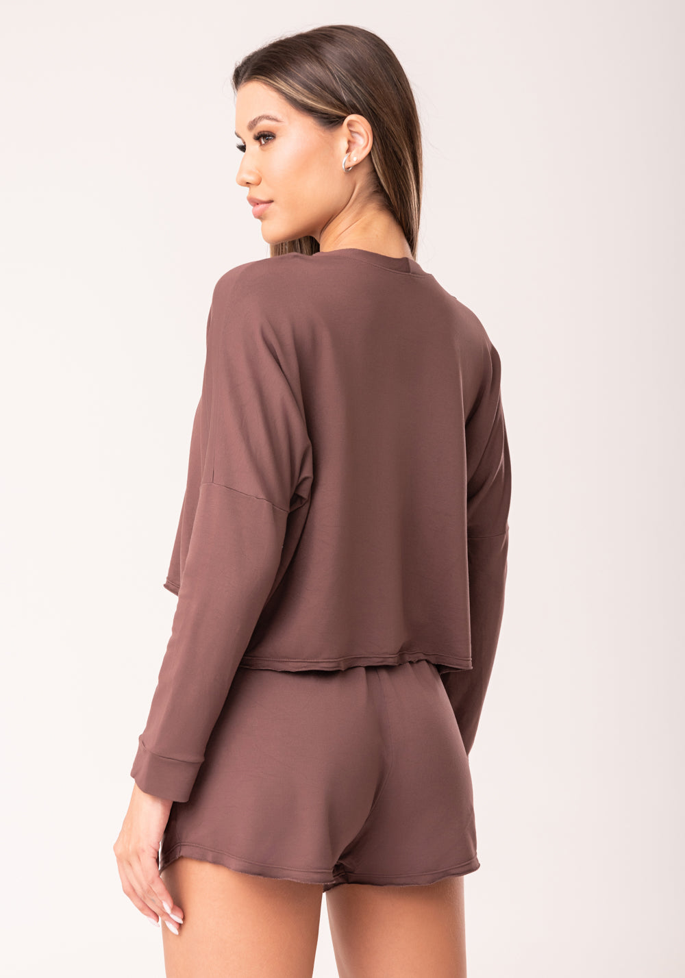 Cropped Feminino Moletinho Marrom Manga Longa Oasis Dlk