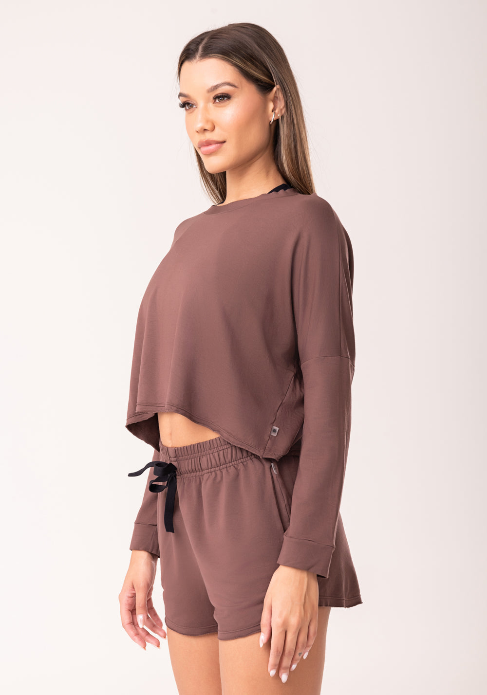 Cropped Feminino Moletinho Marrom Manga Longa Oasis Dlk