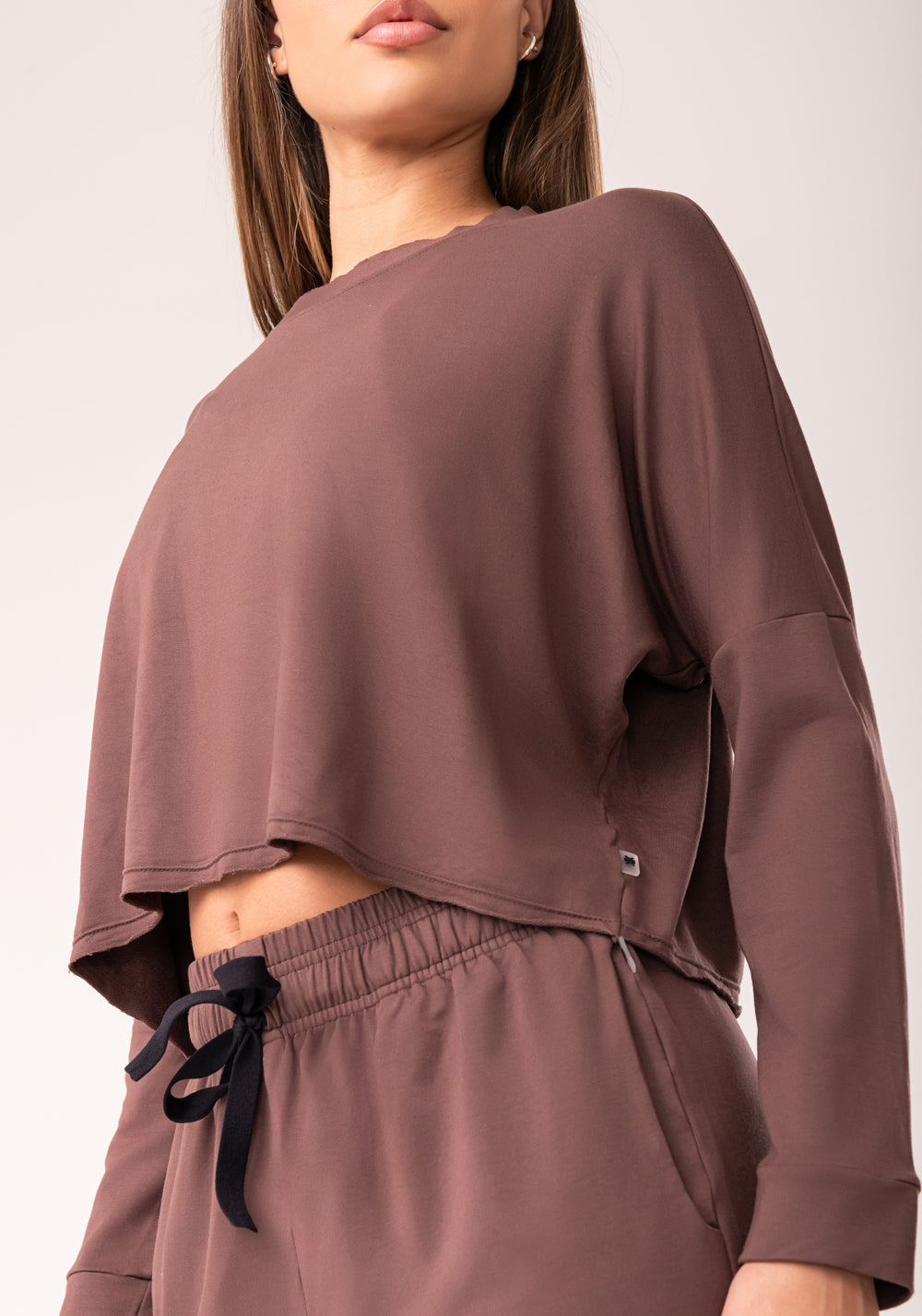 Cropped Feminino Moletinho Marrom Manga Longa Oasis Dlk