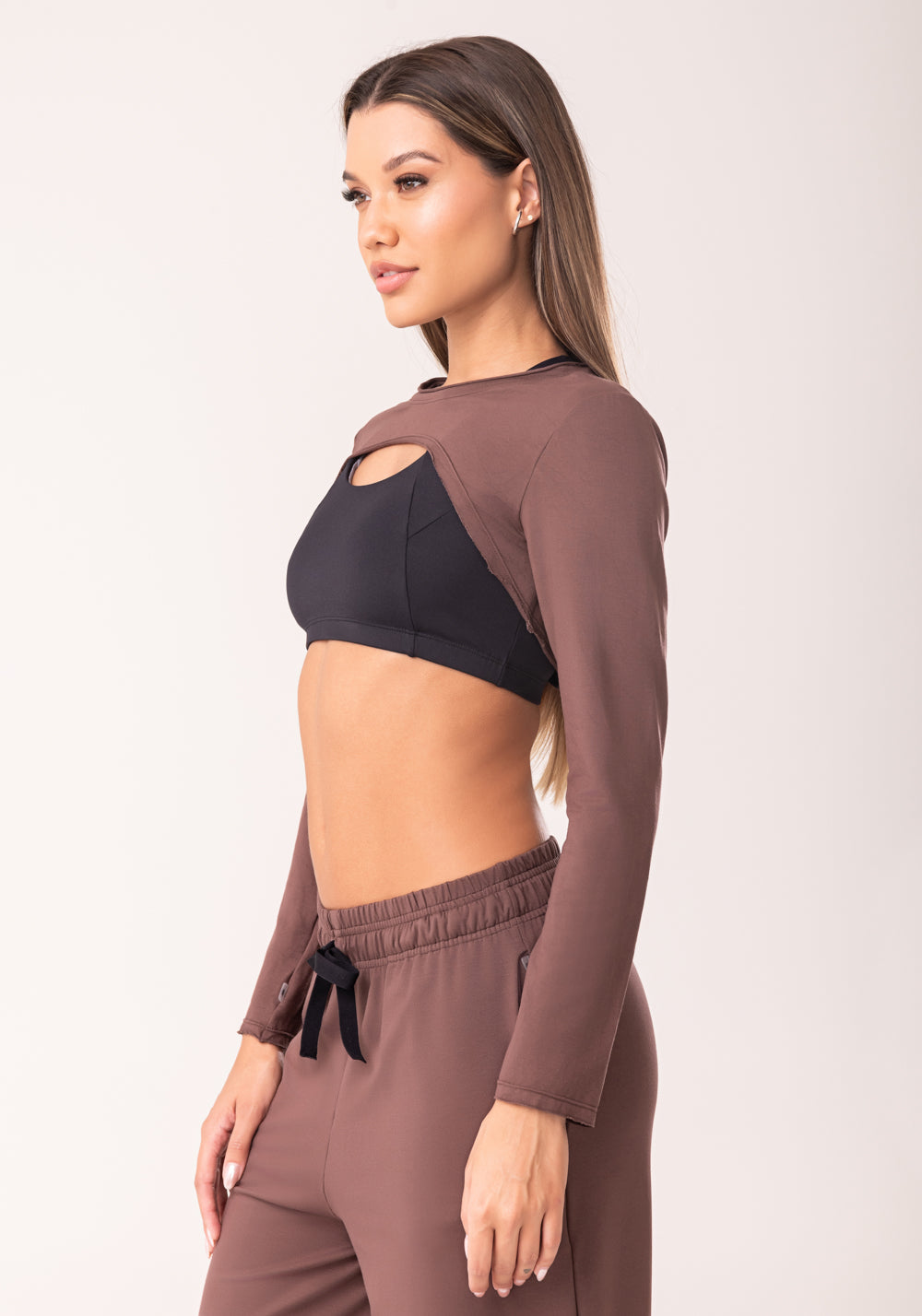 Cropped Bolero Fitness Moletinho Marrom Oasis Dlk