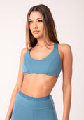 Top Fitness Feminino Azul Com Elástico Cruzado Oasis Dlk