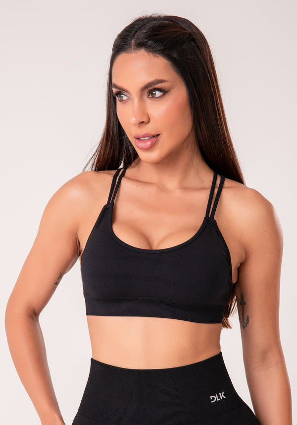 Top Fitness Feminino Preto Com Bojo E Alças Cruzadas Seamless+ Dlk