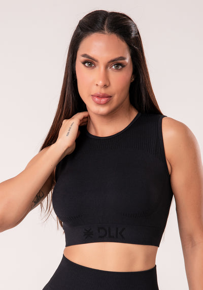 Top Fitness Feminino Preto Texturizado Com Detalhe Vazado Seamless+ Dlk