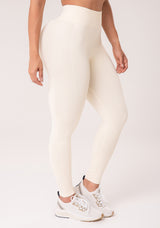 Legging Fitness Feminina Creme Com Detalhe Logomania E Modela Bumbum Seamless+ Dlk