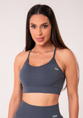 Top Fitness Feminino Cinza Chumbo Com Bojo E Alças Cruzadas Reguláveis Seamless+ Dlk