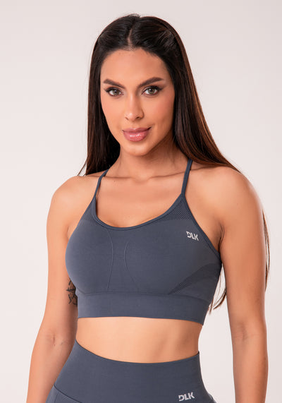 Top Fitness Feminino Cinza Chumbo Com Bojo E Alças Cruzadas Reguláveis Seamless+ Dlk