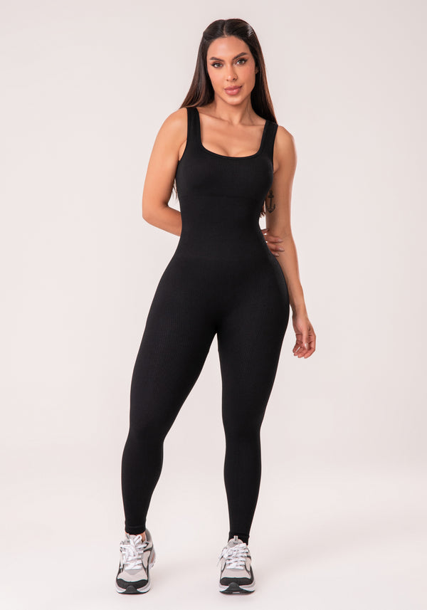 Macacão Fitness Feminino Preto Canelado Com Bojo Seamless+ Dlk