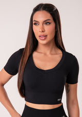 Cropped Feminino Preto Canelado Seamless+ Dlk
