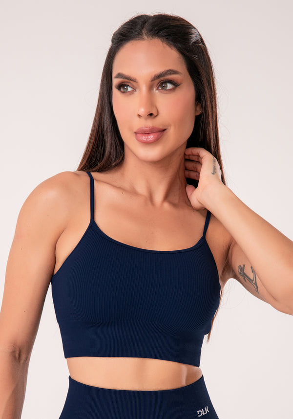 Top Fitness Feminino Azul Marinho Canelado Com Bojo E Alças Reguláveis Seamless+ Dlk