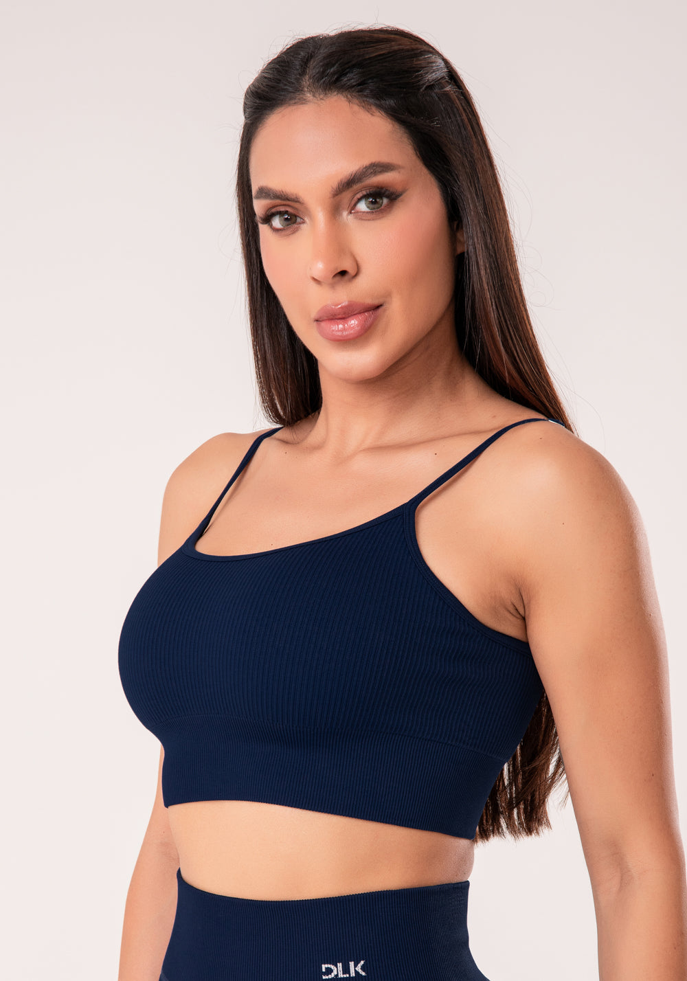 Top Fitness Feminino Azul Marinho Canelado Com Bojo E Alças Reguláveis Seamless+ Dlk